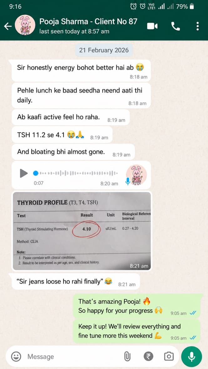 WhatsApp screenshot, Hair Loss Finally Stopped. (Pooja Sharma · Hypothyroid client)