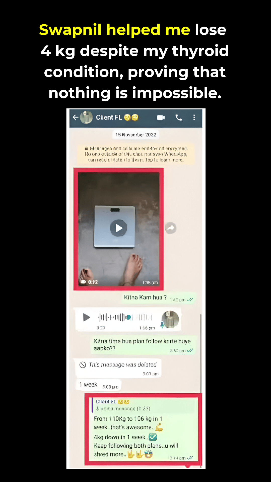 WhatsApp screenshot, Weight Started Moving. Finally. (Sima · Thyroid client)