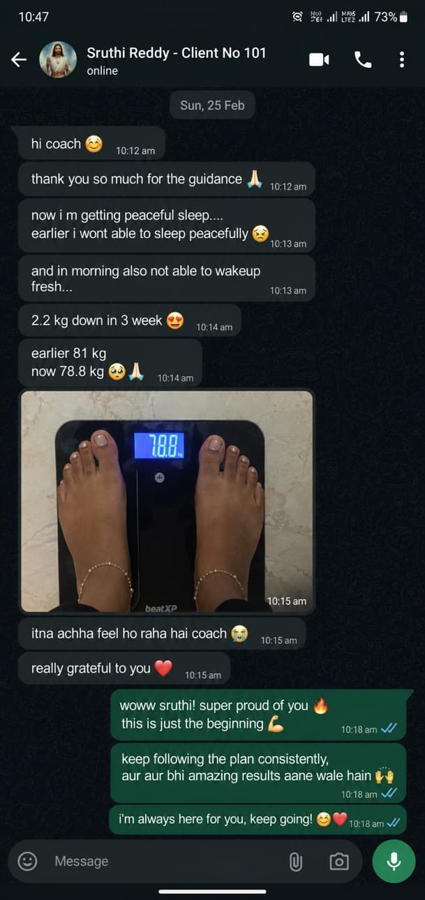 WhatsApp screenshot, Weight Started Moving Again. (Sruthi Reddy · Thyroid client)